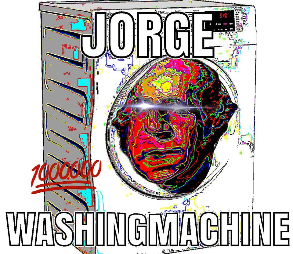 A highly artifacted JPEG of George Washington with laser eyes and the text JORGE WASHINGMACHINE